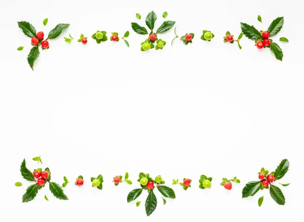 Christmas Composition Branches Spruce Holly Red Berries White Background Merry — Stock Photo, Image