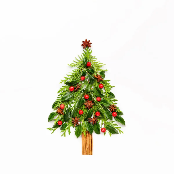 Composición Navideña Forma Árbol Navidad Con Ramas Thuja Abeto Especias — Foto de Stock