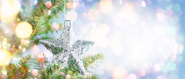 Christmas Fir Tree Branches Silver Star Decoration Blurred Blue — ストック写真