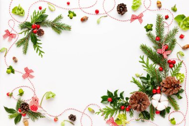 Beyaz arka planda kırmızı böğürtlenli ladin dalları ve çobanpüskülü Noel kompozisyonu. Tatil mesajları için boş yeri olan mutlu noel tebrik kartları. Düz yatıyordu.