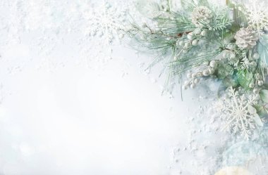 Karlı köknar dalları ve arka planda çam kozalağı olan Noel ve Yeni Yıl tatili konsepti. Noel tebrik kartı, üst manzara.