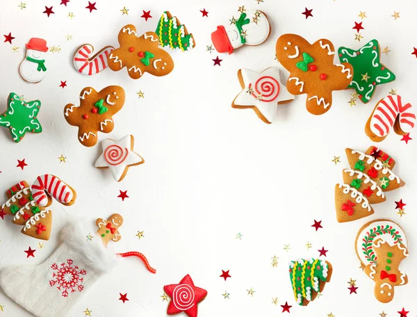 Christmas Holiday Background Gingerbread Cookies Flying Motion Winter Christmas Festive — Stock Photo, Image