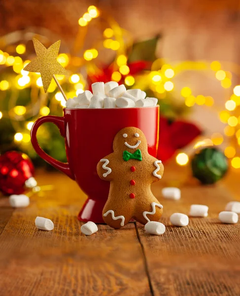 Biscuit Pain Épice Maison Noël Tasse Chocolat Chaud Avec Guimauve — Photo