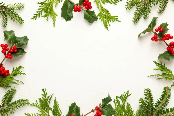 Fondo Navidad Con Ramas Abeto Hojas Perennes Acebo Con Bayas —  Fotos de Stock