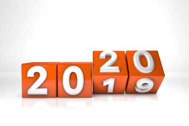 3 boyutlu resimleme. 2020 'li kırmızı küpler. Yeni yıl konsepti. Beyaz arkaplanda izole