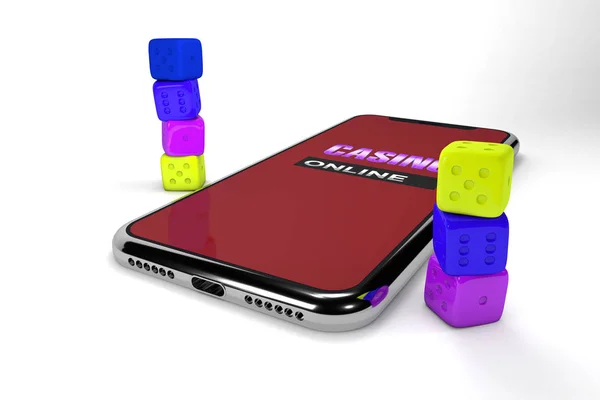 Illustration 3D. Smartphone avec dés. Concept de casino en ligne. Fond blanc isolé . — Photo