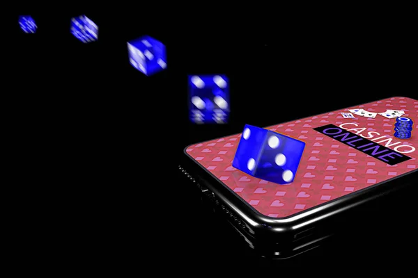 3D-Illustration. Smartphone mit Würfeln. Online Casino Konzept. isolierter schwarzer Hintergrund. — Stockfoto