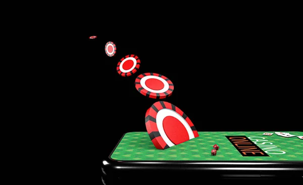 3D Illustration. Cipsli akıllı telefon. Online kumarhane konsepti. İzole edilmiş siyah arkaplan.
