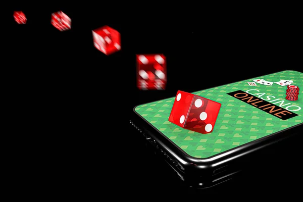 3D-Illustration. Smartphone mit Würfeln. Online Casino Konzept. isolierter schwarzer Hintergrund. — Stockfoto