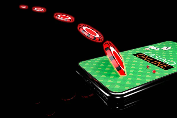 Illustration 3D. Smartphone avec puces. Concept de casino en ligne. Fond noir isolé . — Photo