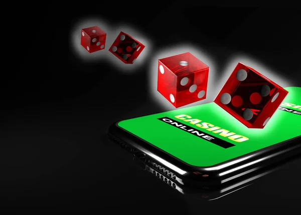 Ilustração 3d. Smartphone com dados. Conceito de casino online. Fundo preto isolado . — Fotografia de Stock