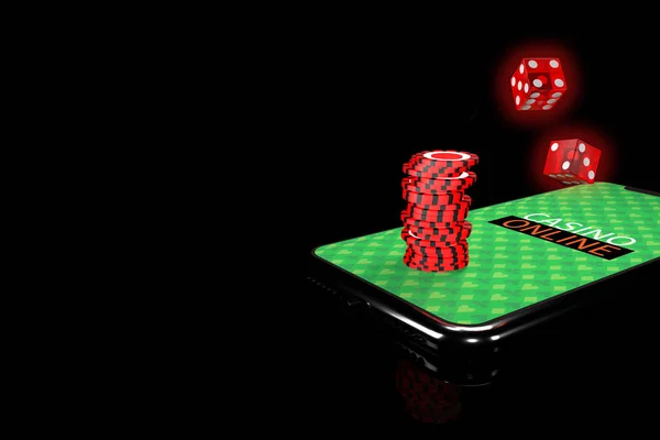 3D Εικονογράφηση. Smartphone με ζάρια. Online καζίνο έννοια. Μεμονωμένο μαύρο φόντο. — Φωτογραφία Αρχείου