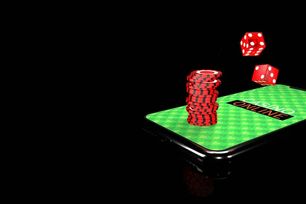 3Dイラスト。デバイスを搭載したスマートフォン。オンラインカジノの概念。隔離された黒の背景. — ストック写真