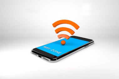 3D çizim. Smartphone ile wifi simgesi. Mobil ağ kavramı. İzole beyaz arka plan