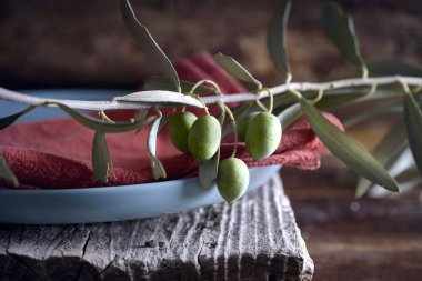 Kırsal ahşap bir masada zeytin dalı