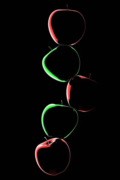 红色和绿色的苹果 3D渲染 3D插图 食品壁纸的概念 黑色背景 — 图库照片