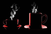 Červené hrnky s kouřem. 3D vykreslování. 3D ilustrace