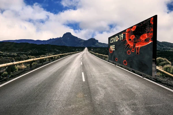 Road advertising horizontal billboard Covid-19 free at mountain 3d rendering .Coronavirus free