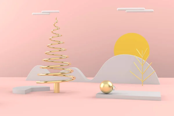 Mutlu Noel kartpostalları. Noel altın ağacı. 3 boyutlu görüntüleme. 3B illüstrasyon