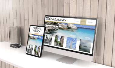 Bilgisayar ve tablet 3d görüntüleme seyahat acentesinin yanıt veren web tasarımı 3d illüstrasyonunu gösteriyor