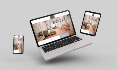Uçan Laptop, mobil ve tablet 3D görüntüleme otel cevap veren web tasarımı 3d illüstrasyon