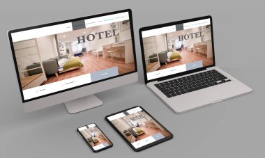 Laptop, mobil ve tablet 3d görüntüleme otelin yanıt veren web tasarımı 3d illüstrasyon