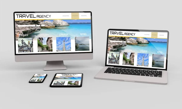 旅行代理店のレスポンシブWebデザインを示すコンピュータ ラップトップ モバイルおよびタブレット3Dレンダリング 3Dイラスト — ストック写真