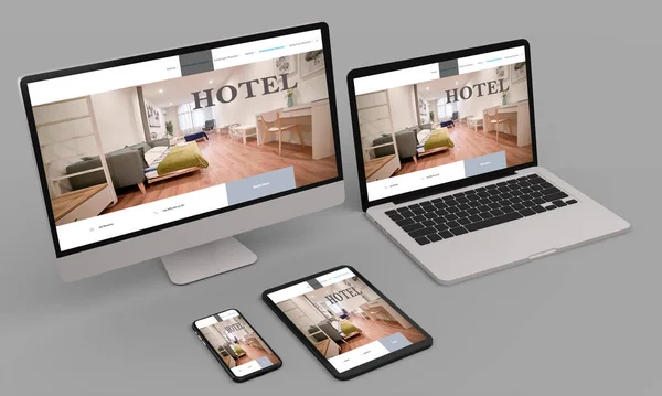 Laptop, mobil ve tablet 3d görüntüleme otelin yanıt veren web tasarımı 3d illüstrasyon