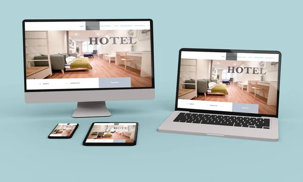 Laptop Mobiltelefon Und Tablet Rendering Zeigt Hotel Responsive Web Design — Stockfoto