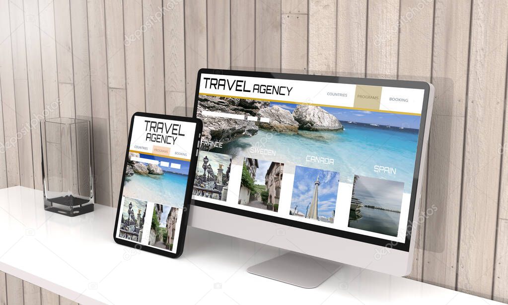 Computer and tablet 3d rendering showing travel agency responsive web design .3d illustration