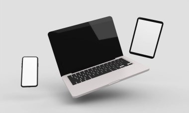 Uçan Laptop, mobil ve tablet 3D tasarım 3d illüstrasyon