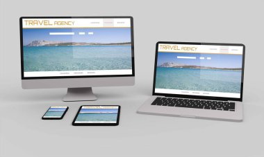 Uçan masaüstü bilgisayarı, mobil ve tablet 3d görüntüleme seyahat kıdemli tepkili web tasarımı 3d illüstrasyon