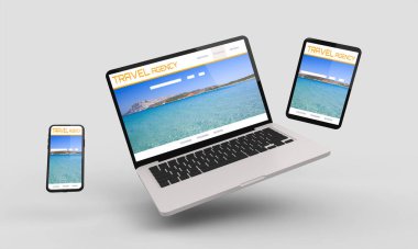 Uçan dizüstü bilgisayar, mobil ve tablet 3D görüntüleme son sınıf cevap veren web tasarımı 3d illüstrasyon