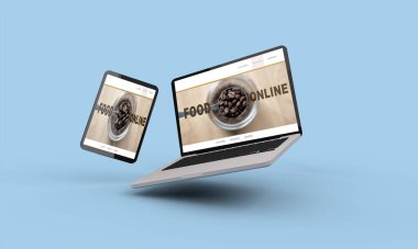 Uçan Bilgisayar ve Tablet 3d çevrimiçi yemek hazırlama 3D illüstrasyon