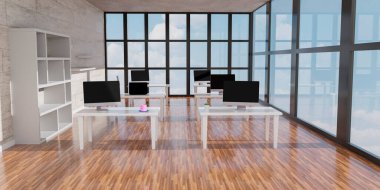 Masaüstü bilgisayarı, ofisin 3D modelleme masasının üzerinde. 3d illüstrasyon