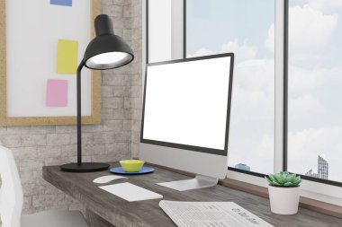 Masaüstü bilgisayarı, ofisin 3D modelleme masasının üzerinde. 3d illüstrasyon