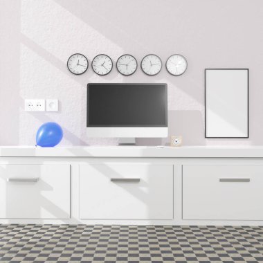 Masaüstü bilgisayarı 3D mockup.Modern teknoloji konseptiyle çalışma alanı. 3d illüstrasyon