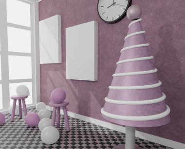 Gün ışığı odasında üzerinde balonlar olan tuval. 3D tasarım modeli. 3D resim. Noel Partisi konsepti.