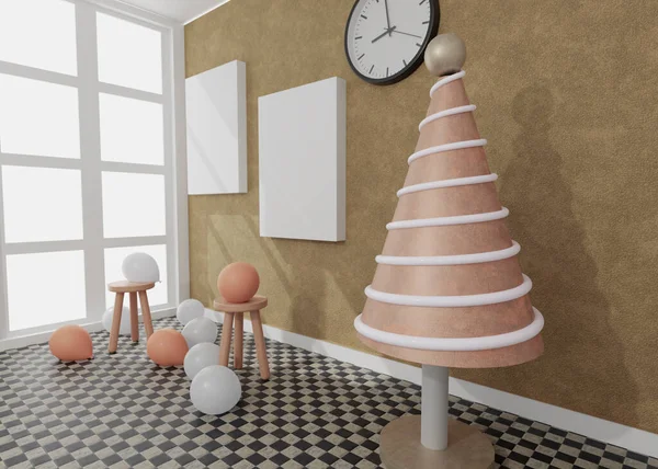 昼の部屋でいくつかの風船とキャンバス 3Dレンダリングモックアップ 3Dイラスト クリスマスパーティーのコンセプト — ストック写真