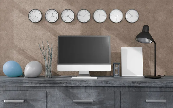 Arbeitsplatz Hause Mit Einem Desktop Computer Rendering Attrappe Modernes Technologie — Stockfoto