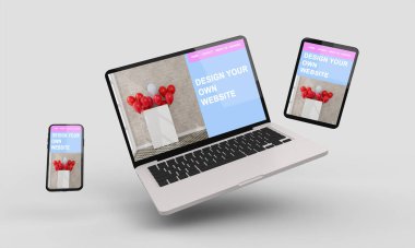 Uçan dizüstü bilgisayar, mobil ve tablet 3D görüntüleme ilgili web tasarımı 3d illüstrasyon