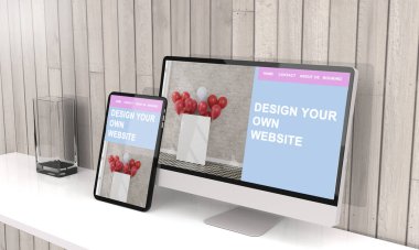 Bilgisayar ve tablet 3d görüntüleme karşılık veren web tasarımı 3d illüstrasyon