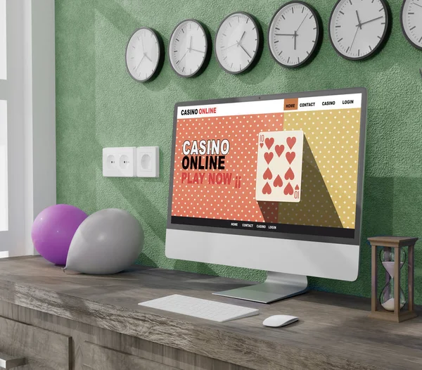 Masaüstü bilgisayarı, ofisin 3D modelleme masasının üzerinde. 3D illüstrasyon. Kumarhane online konsepti.