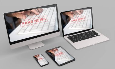 Masaüstü bilgisayarı 3d ile evde çalışma alanı sahte haber mockup.Modern Web yanıtlayıcı kavramı. 3d illüstrasyon
