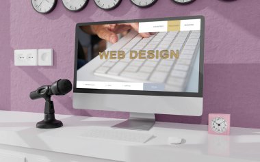 Masaüstü bilgisayar 3d işlemeli mockup.Modern Web yanıtlı konsept ile evde çalışma alanı. 3d illüstrasyon