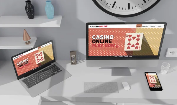 Desktop Computer Table Office Mockup Rendering Illustration Casino Online Concept — Stock Photo, Image