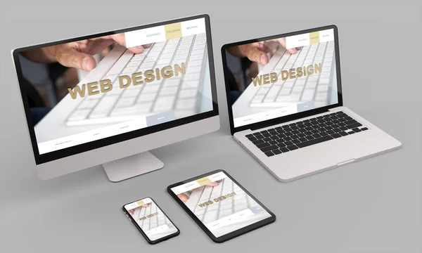 Elektronik cihazları olan çalışma alanı 3D mockup.Modern Web duyarlı konsept. 3d illüstrasyon