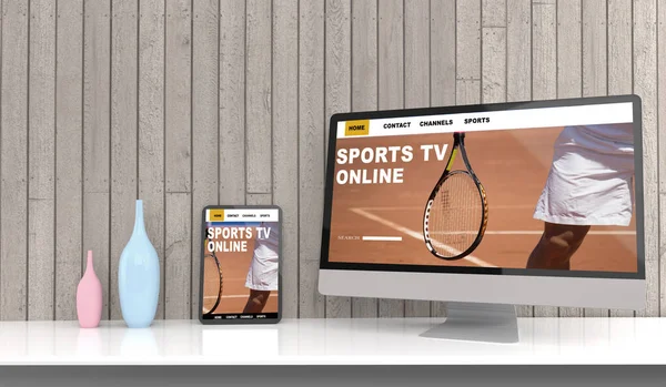 オフィスモックアップ3Dレンダリングのテーブルの上のデスクトップコンピュータ 3Dイラスト スポーツオンラインの概念 — ストック写真