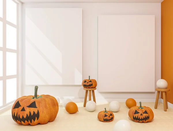 Illustrazione Della Decorazione Halloween Del Salotto Zucche Palloncini Rendering — Foto Stock