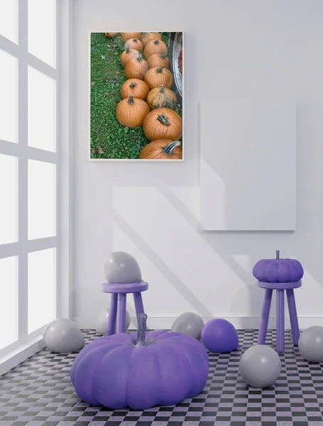 Illustrazione Della Decorazione Halloween Del Salotto Zucche Palloncini Rendering — Foto Stock